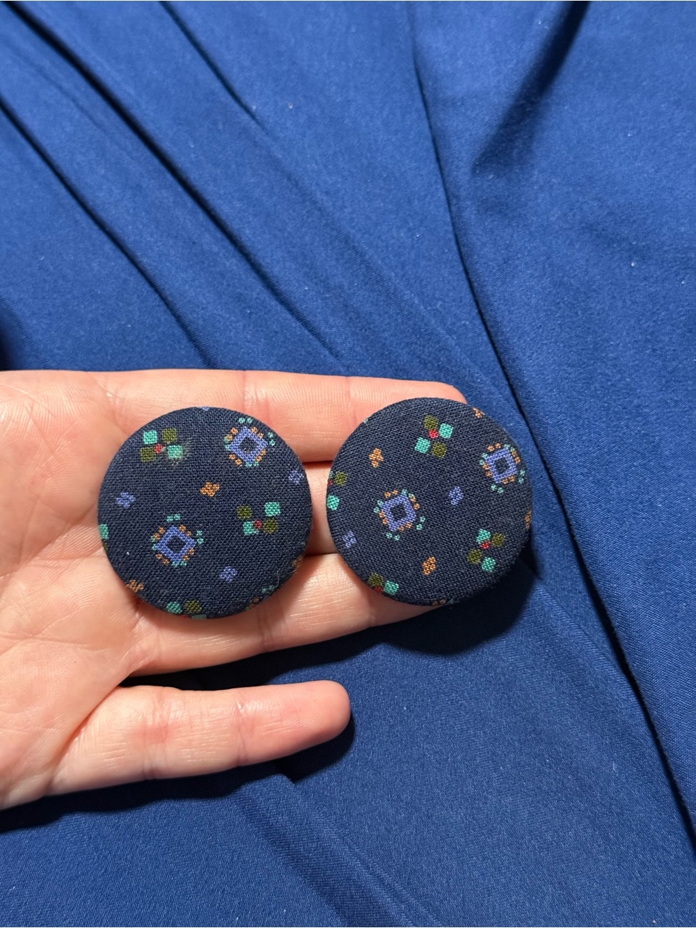 Vintage style Fabric Button Earrings in Navy with Multicolor Geometric Print
